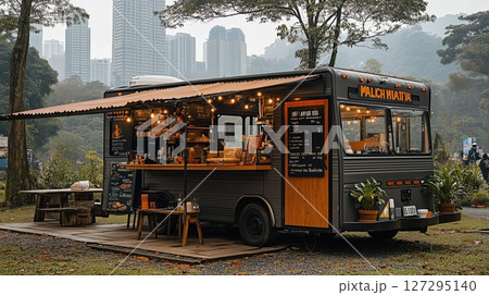 Food truck offering coffee in a bustling car park in city during a warm sunny day with skyscrapers in the background 127295140