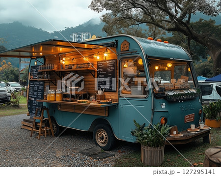 Coffee truck serving freshly brewed drinks in a bustling car park in a city under the warm sun 127295141