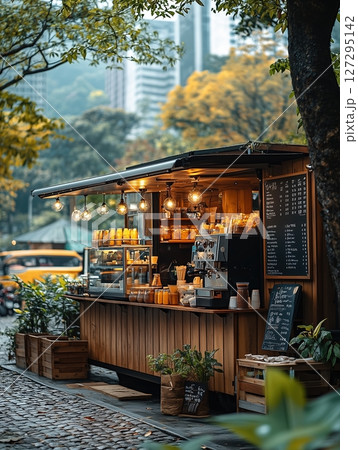 Coffee truck in a busy parking space in a Malaysian city on a sunny day serving warm beverages to locals and visitors enjoying the vibrant atmosphere 127295142