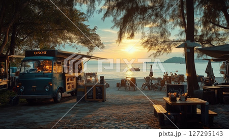 Coffee truck offers refreshing beverages in busy city park on a warm sunny day 127295143