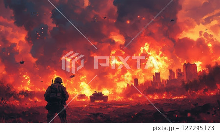 Soldier charging through chaos as fireballs descend amidst tanks and destruction in a war-torn environment 127295173