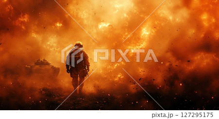 Soldier charges through chaos amidst explosions and advancing tanks in a war zone 127295175