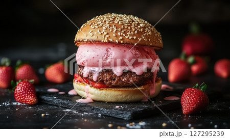 Indulgent pink strawberry and cream burger topped with melting ice cream and surrounded by fresh strawberries 127295239