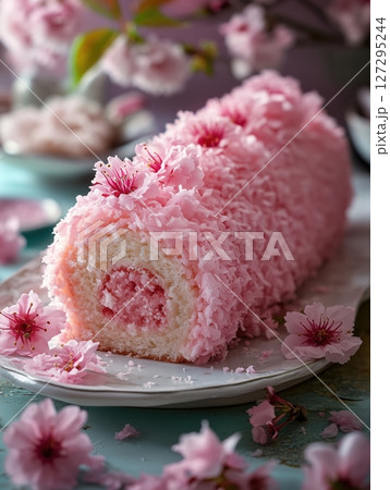 Sliced pink sakura cake roll showcasing delicate floral decorations in an elegant presentation with a soft and fluffy texture 127295244