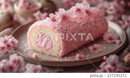 Delicate pink sakura cake roll with soft texture and elegant floral decorations showcased in pastel tones 127295251