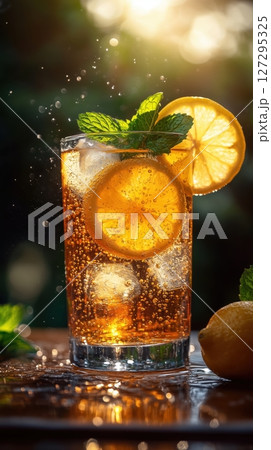 Refreshing summer drink with lemon and mint on a sunny outdoor wooden table Refreshing summer drink with lemon and mint on a sunny outdoor wooden table 127295325