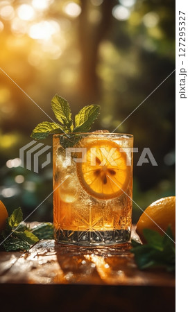 Refreshing summer drink with lemon and mint on a wooden table in sunlight 127295327