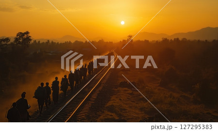Long line of refugees walking along railway tracks at sunset, symbolizing migration and endurance 127295383