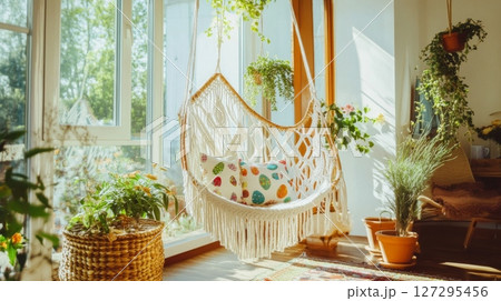 Cottagecore handmade macrame swing in cozy boho interior filled with greenery and warm sunlight creating a peaceful relaxation space Cottagecore handmade macrame swing in cozy boho interior filled with greenery and warm sunlight creating a peaceful relaxation space 127295456