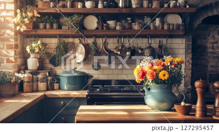Cozy cottagecore kitchen corner filled with rustic charm, featuring hanging dried herbs, colorful flower bouquet, and farmhouse decor 127295457