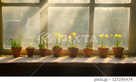 Cottagecore rustic window flower arrangements with soft sunlight illuminating yellow blooms 127295474