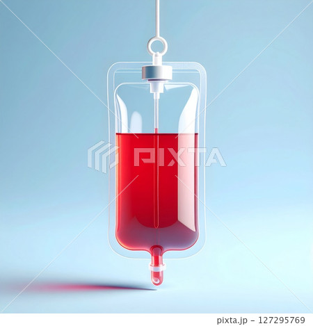 Red Blood Bag Hanging Against Light Blue Background Red Blood Bag Hanging Against Light Blue Background 127295769