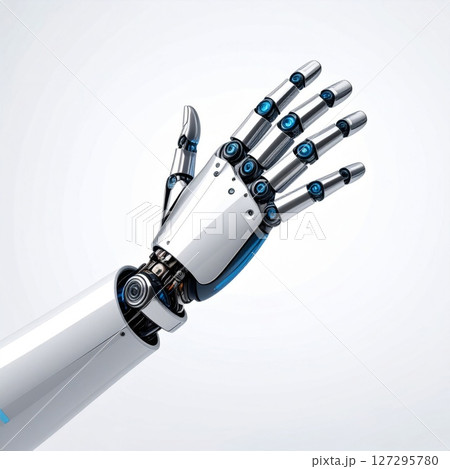 White and Blue Robotic Hand on White Background 127295780