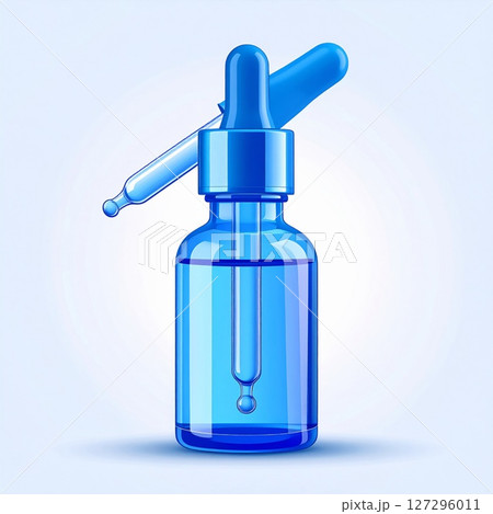 Blue Glass Dropper Bottle with Liquid on White Background 127296011