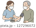看護師が高齢男性の血圧を測定する医療シーン 127296072