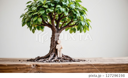 Small figure stands by a large tree symbolizing growth and nature. Small figure stands by a large tree symbolizing growth and nature. 127296198