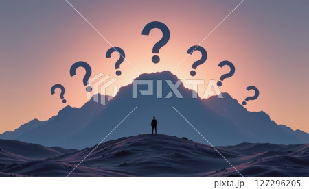 Why analysis concept, Mysterious landscape with a person surrounded by question marks. 127296205