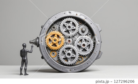 Creative gears with a miniature figure interacting with a clock mechanism. 127296206