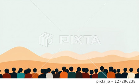 Crowd of people gathered in a desert landscape under a pale sky. 127296239