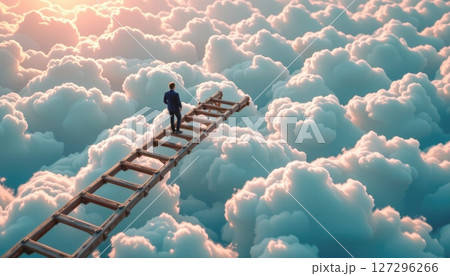 A person standing on a ladder above fluffy clouds.のイラスト素材 [127296266 ...