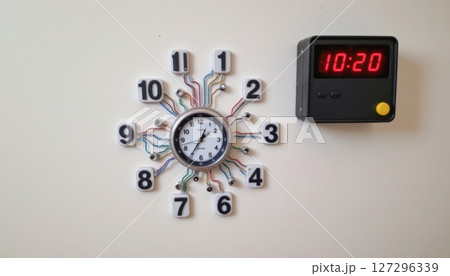 Modern wall clock design with digital and analog elements. 127296339