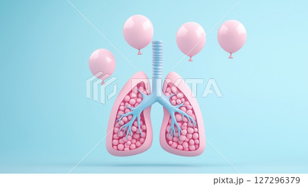 Organized lungs with pink balloons on a blue background. 127296379