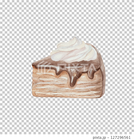 Watercolor illustration of a slice of puff pastry cake with rich dark chocolate frosting cream on a white background. Realistic style with smooth texture, perfect for menus, packaging, dessert design. Watercolor illustration of a slice of puff pastry cake with rich dark chocolate frosting cream on a white background. Realistic style with smooth texture, perfect for menus, packaging, dessert design. 127296561