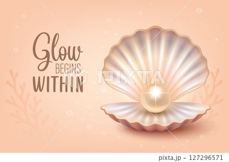 Open Seashell with Shiny Pearl, Vector Illustration. Realistic Pearl Shell Vector for Cosmetic Packaging, Sea Jewelry Design, Spa Logo, Luxury Beauty Branding, Skincare Product Art, Ocean Illustration 127296571