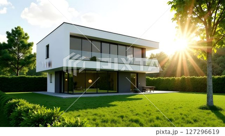Modern house with large windows in a green landscape under bright sunlight in the afternoon 127296619