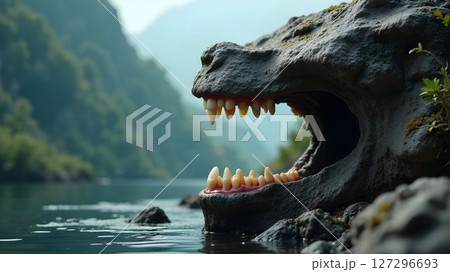 Entrance to a fantastic stone cave in the form of a dinosaur with teeth surrounded by a landscape 127296693