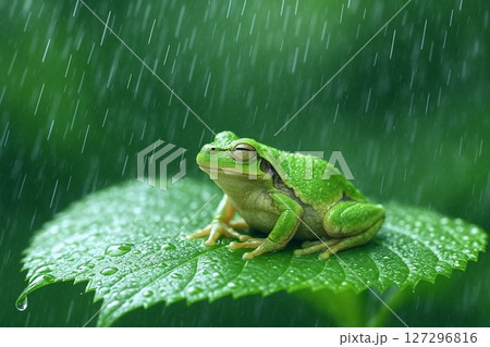アマガエルの雨景シリーズ、雨に濡れる葉の上のアマガエル アマガエルの雨景シリーズ、雨に濡れる葉の上のアマガエル 127296816