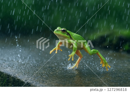アマガエルの雨景シリーズ、雨に濡れる路上のジャンプするアマガエル 127296818