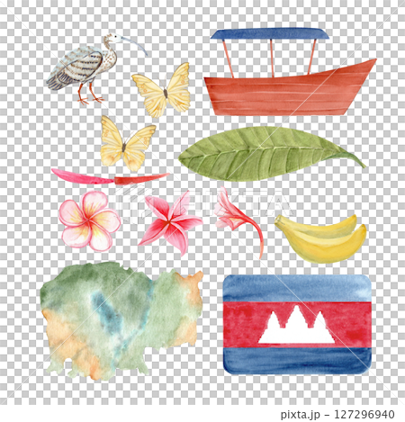 Cambodian map, flag, plumeria flower, boat, Ibis bird, bananas, watercolor illustration set isolated on white. Ideal for travel blogs, eco packaging, souvenirs, tourism branding, cultural designs 127296940