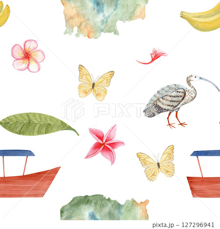 Cambodian map, flag, plumeria flower, boat, Ibis bird, bananas, watercolor illustration seamless pattern isolated on white. Ideal for travel blogs, packaging, souvenirs, tourism, cultural designs 127296941