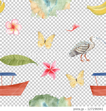 Cambodian map, flag, plumeria flower, boat, Ibis bird, bananas, watercolor illustration seamless pattern isolated on white. Ideal for travel blogs, packaging, souvenirs, tourism, cultural designs 127296941