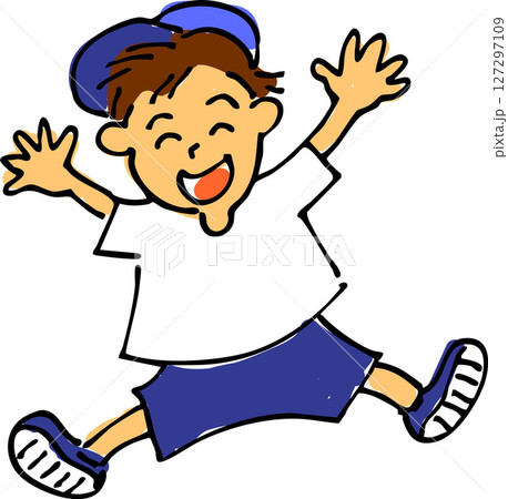 ジャンプして笑う男の子のイラスト（手描き風・元気・子ども）  元気いっぱいに跳ねる男の子のイラスト 127297109