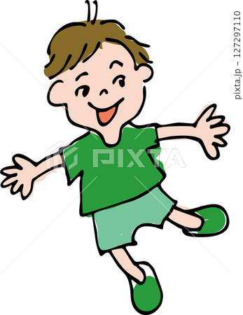 笑顔でポーズをとる男の子のイラスト（教育・感情・手描き風）  元気いっぱいの男の子のイラスト 127297110