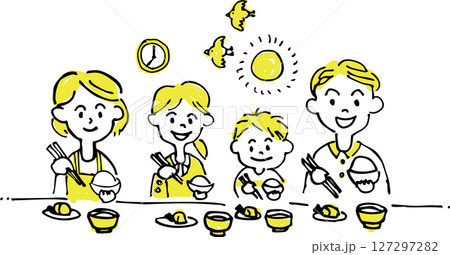家族で朝食を食べるイラスト(食育・家庭・手描き風) 家族団らんの朝食シーンのイラスト 家族で朝食を食べるイラスト(食育・家庭・手描き風) 家族団らんの朝食シーンのイラスト 127297282