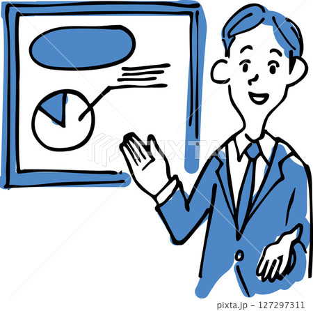 プレゼンテーションを行う男性のイラスト（ビジネス・説明・手描き風）  資料を使って説明する男性 127297311