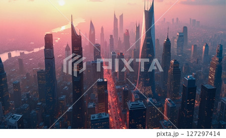 Futuristic Skyline at Sunset 127297414