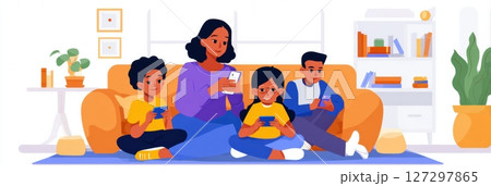 Family enjoys creative screen-free activities while sitting together in a bright living room, surrounded by plants and books. 127297865