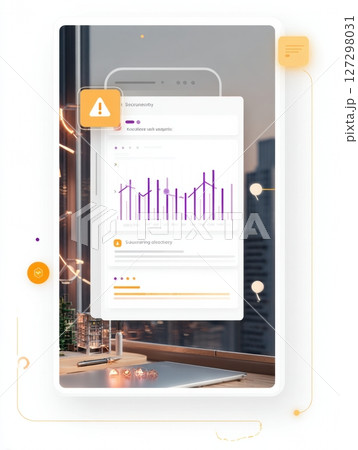 A security warning popup overlaps a transparent dashboard, highlighting performance metrics while providing a clear view of the workspace background. 127298031