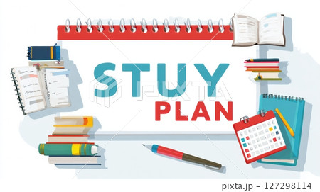 This infographic shows a weekly study plan with icons for books, a calendar, and a pen on a clean white background to help students organize. 127298114
