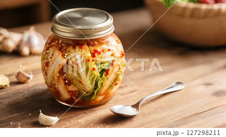 Traditional Korean Napa Cabbage Kimchi in a Jar 127298211