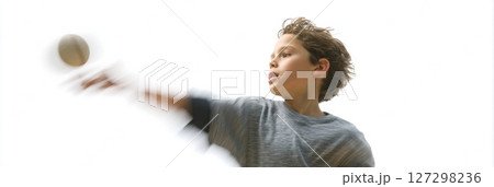 A young athlete demonstrates impressive throwing technique while launching a ball into the air, showcasing motion blur against a minimalistic white backdrop. 127298236