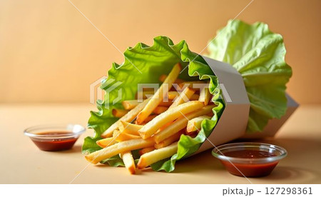 Freshly prepared fries served in a creative lettuce cone with dipping sauce on a minimalist surface 127298361
