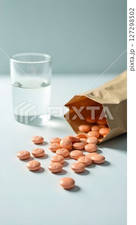 Colorful pills spill from brown paper bag beside glass of water on light-colored surface 127298502