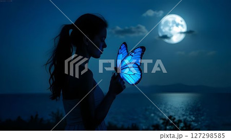 Woman holding glowing blue butterfly by the water under a full moon in a serene night setting Woman holding glowing blue butterfly by the water under a full moon in a serene night setting 127298585