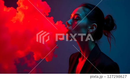 Woman exhaling bright red smoke in a dark, modern indoor environment during an artistic photo session Woman exhaling bright red smoke in a dark, modern indoor environment during an artistic photo session 127298627