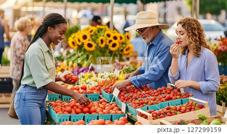 Local farmers market bustles with energy as visitors select fresh produce during a sunny afternoon in an urban setting 127299159